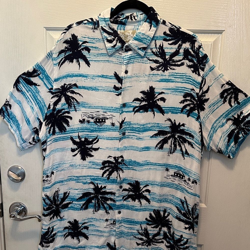 Tasso Elba Blue, White & Black Palm-Print Button-Down Shirt